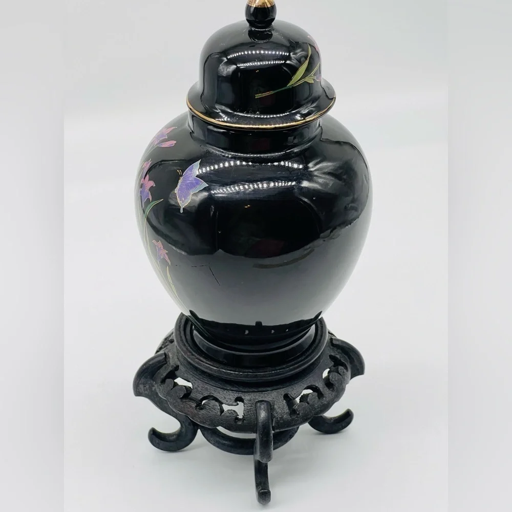 Ornate Japanese Black Glazed Ceramic Ginger Jar